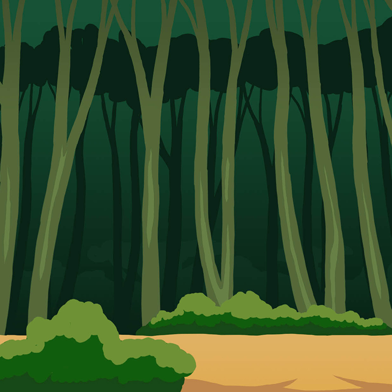 a background scene of a forest in the animated short, the legend of Ngong hills, showing green trees opening to a clearing with some bushes